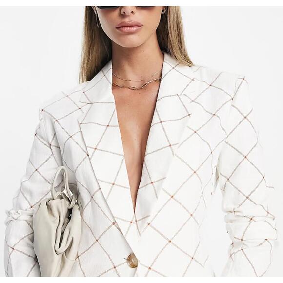 ASOS Jackets & Blazers - ASOS DESIGN linen grid check suit blazer in cream size US 14 UK 18